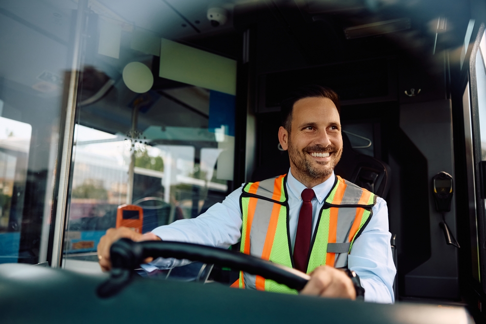 Happy,Man,Working,As,Bus,Driver.